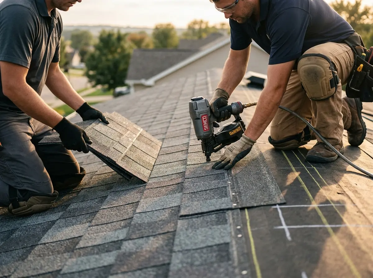 Professional roofer working on a residential roof in Van Alstyne